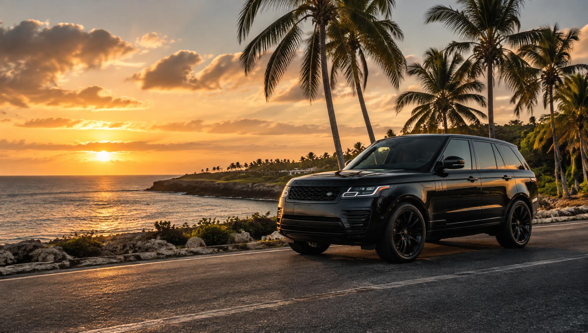Black SUV on a coastal road in the Dominican Republic at sunset